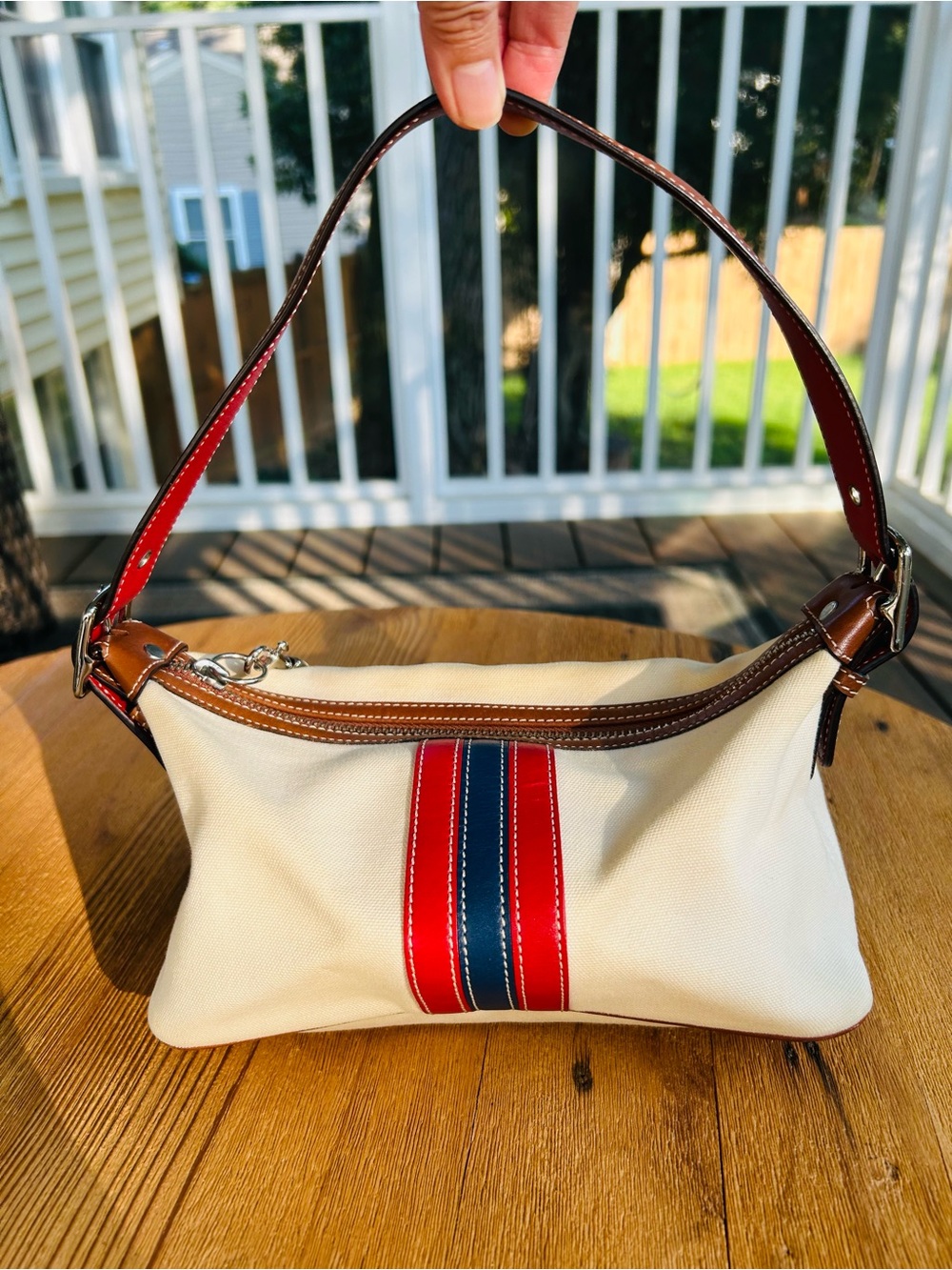 Coach Cream Canvas Shoulder Bag with Red & Navy Stripe